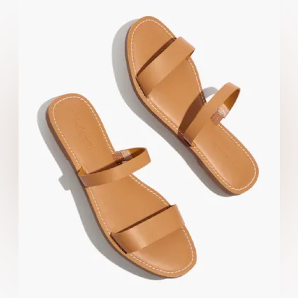 Madewell Boardwalk Double Strap Tan Leather Slide Sandals EUC
